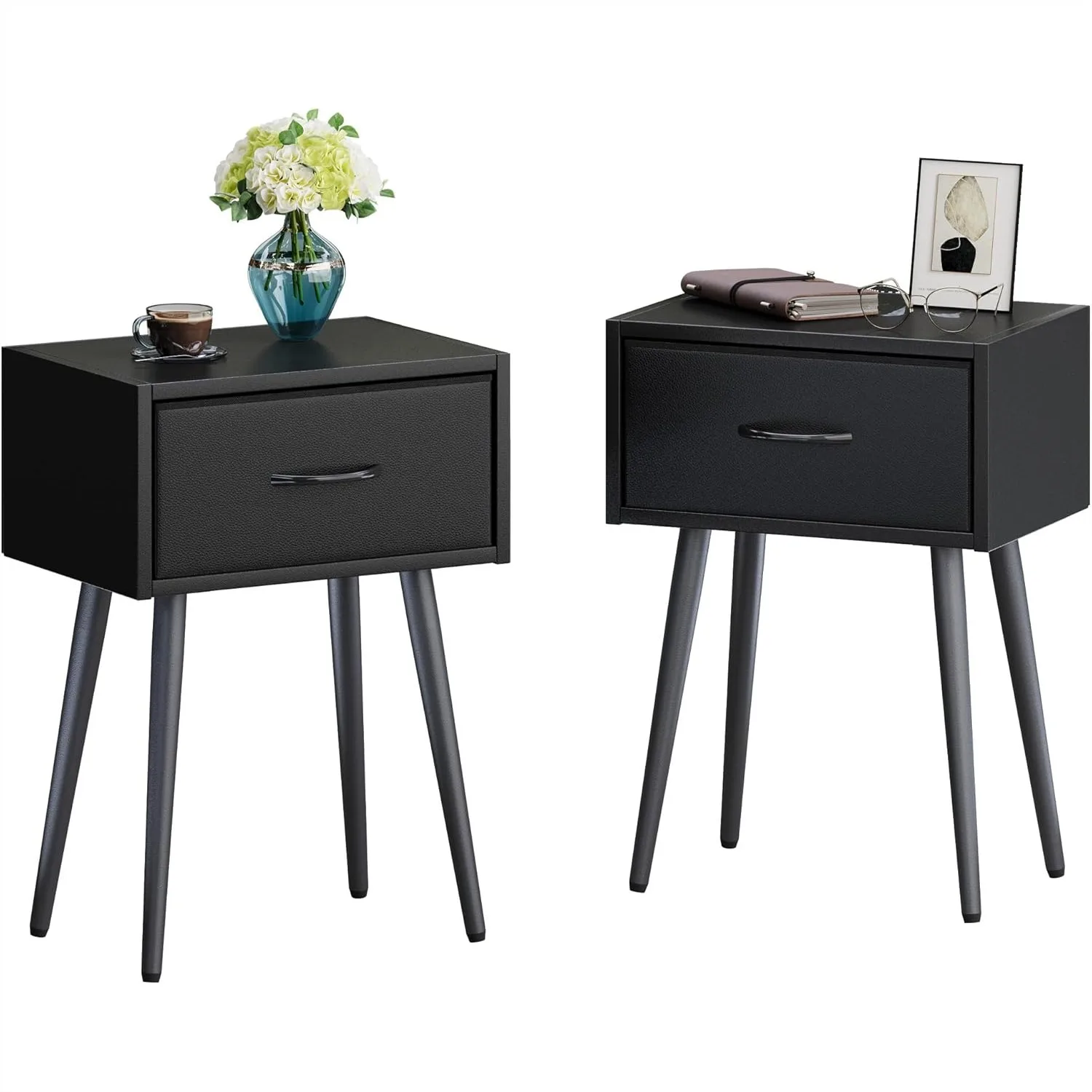 

Small Black Nightstands Set of 2, Bedside Table with Fabric Drawer, Modern End Table with Metal Leg for Bedroom Living Room