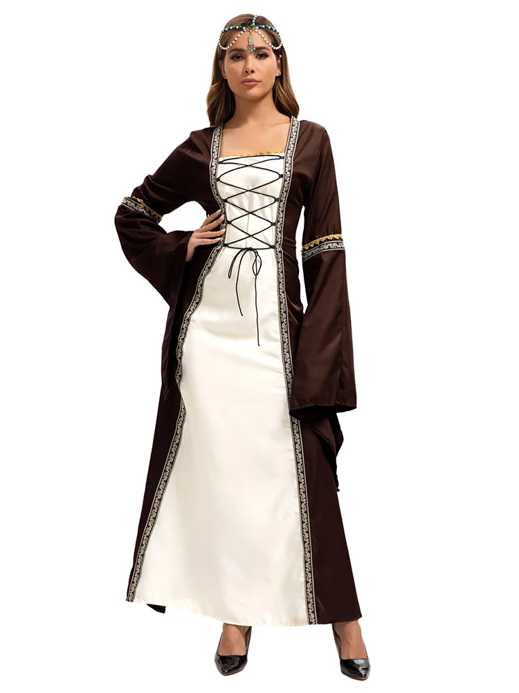 هالوين الإناث المحكمة القرون الوسطى الأوروبية الخيال مصاص دماء تأثيري حلي كرنفال خمر فستان أنيق بأكمام طويلة