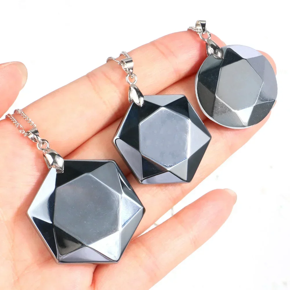 Natural Terahertz Stone Necklace Hexagonal Six-Point Star Round Shape Pendant Health Energy Powerful Luck Choker Reiki Gemstones