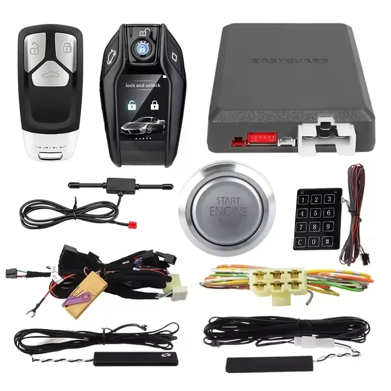 RoadNavi Plug&Play Push Button Starter For All Cars PKE Car Alarm KIT LCD Smart Key Remote Start