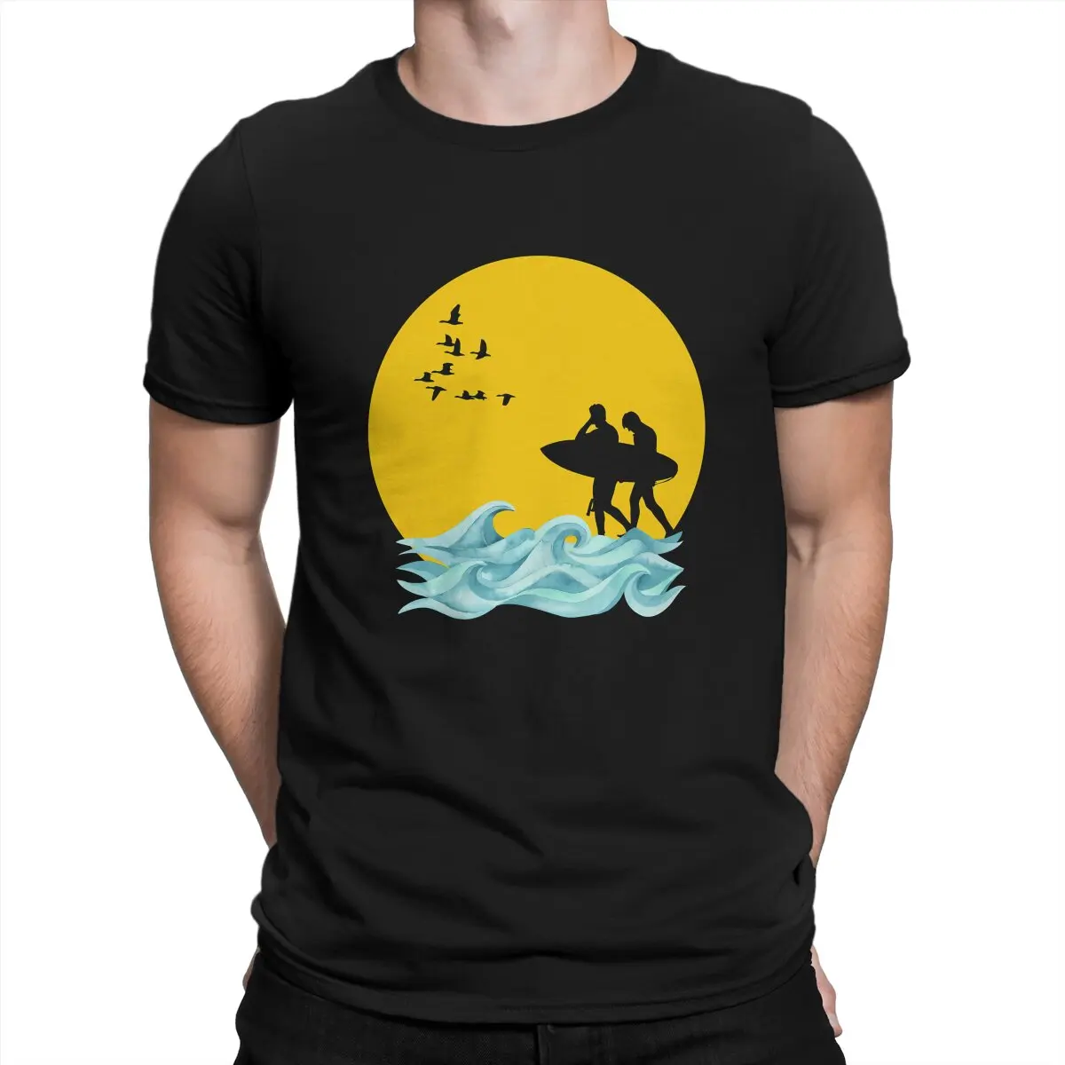 Surfing Extreme Sports Polyester TShirt for Men Man On Yellow Background With Heavy Wave Humor Casual Tee T Shirt