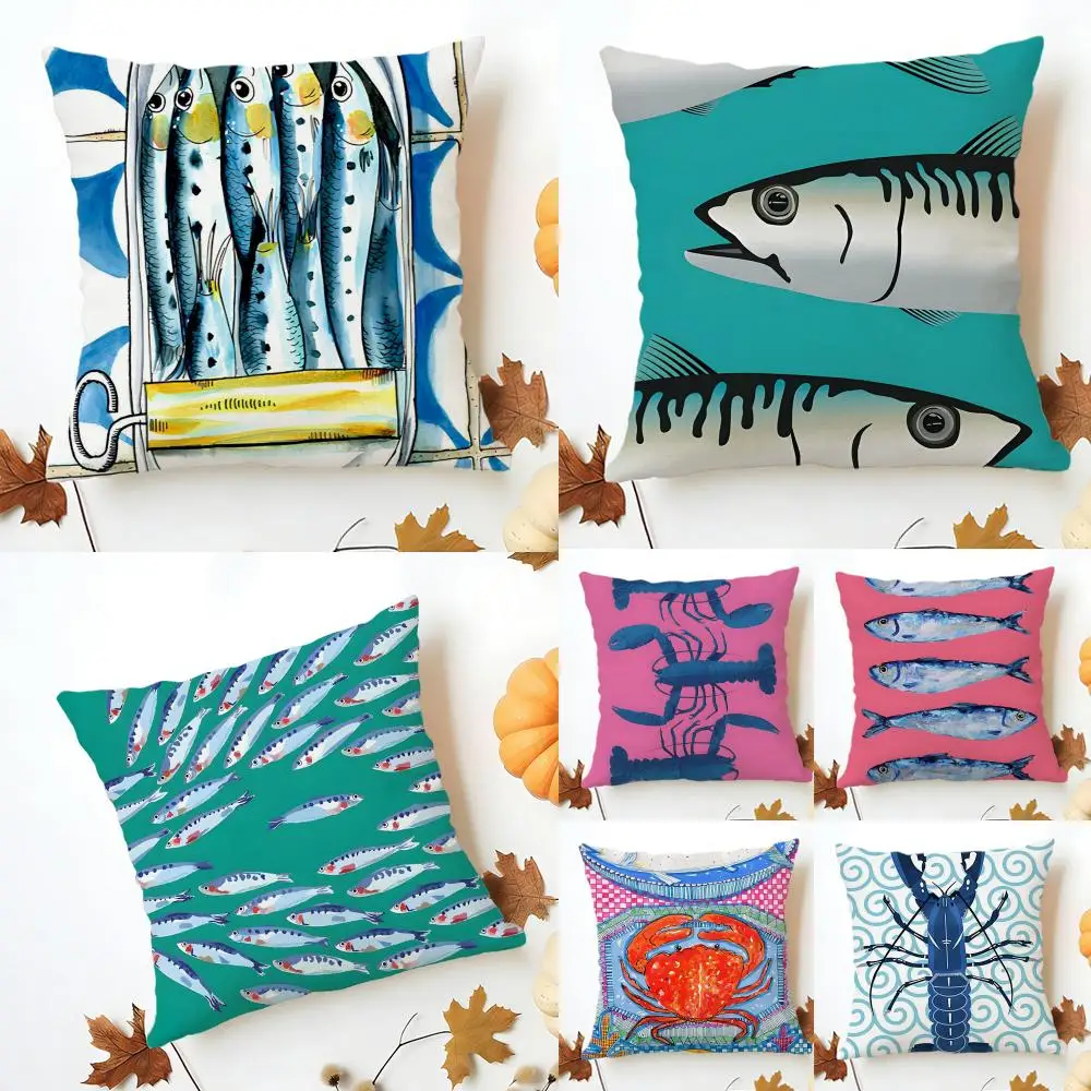 Vibrant Marine Colorful Sardine Lobster Fish Ocean Cushion Cover Washable Linen comfort Soft  for Sofa Bed Cozy Home Room Decor