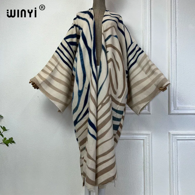 WINYI 2024 winter cardigan Africa women Geometric line print maxi jacket Warm kimono long down coat Middle East fashion abaya