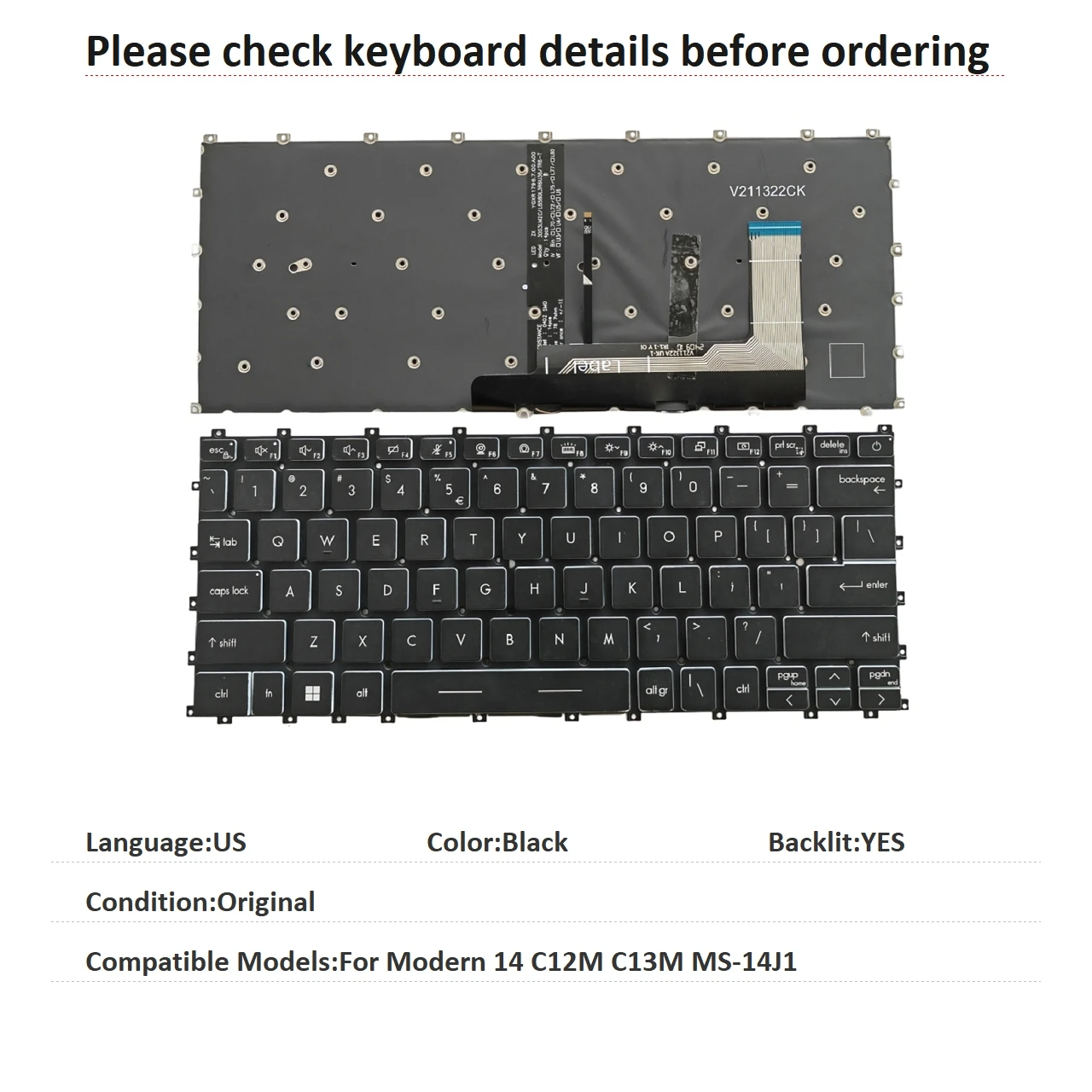 New US Language  Backlit Keyboard For MSI Modern 14 C12M C13M MS-14J1 Notebook PC Replacement Keyboard
