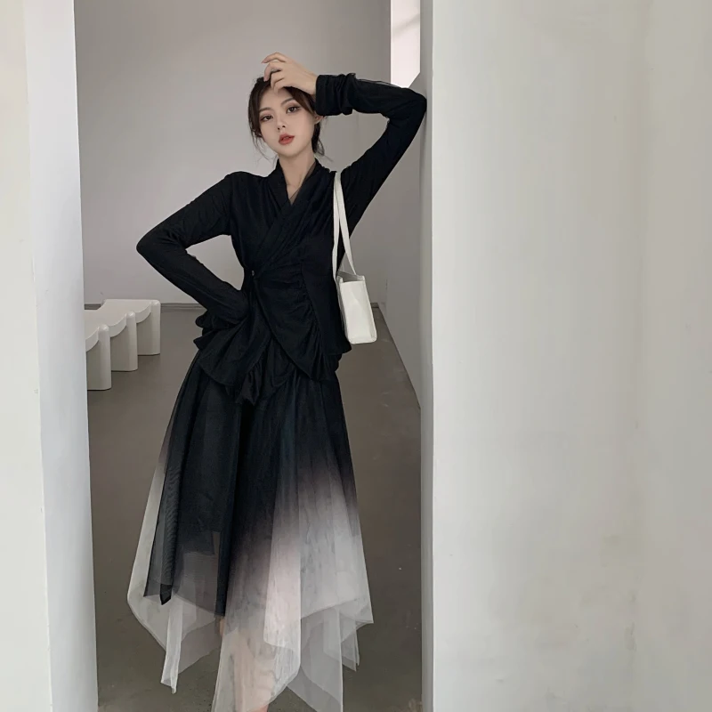 Dark Chic Gauze Japanese Irregular Black White Skirt 2025 New Fashion Girl Spring Autumn High Waist A-line Versatile Long Skirts