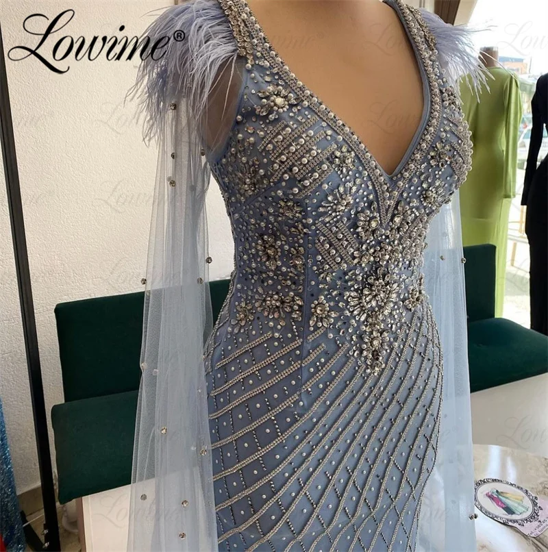 

Luxury Full Beaded Crystals Evening Dresses V Neck Long Cape Sleeves Blue Prom Dress Mermaid Aso Ebi Engagement Party Gowns Robe