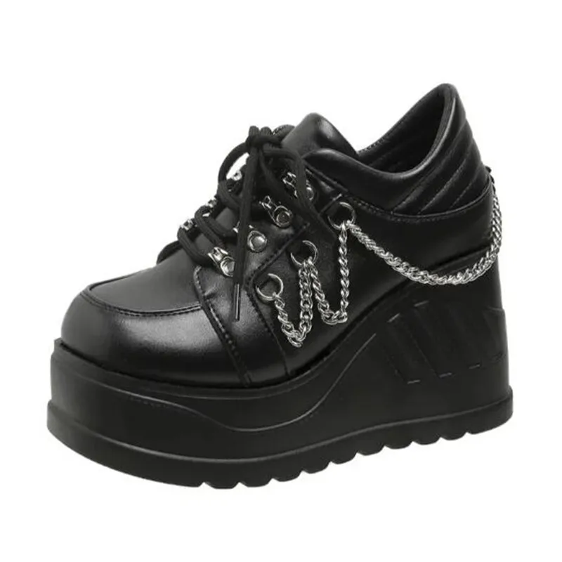 Neue Luxus-Designer-Sneaker für Damen, Größe 42, Schwarz, mit Schnürung und Schnallen, Keilabsatz, Plateau, dicke Sohle, Herbstmode, Gothic-Punk-Schuhe