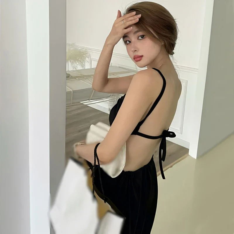 Sexy Summer Spring Korean Version Pure Desire Mature All-Match Retro Slim Backless Tie Rope Design Mid-Length Suspender Dress