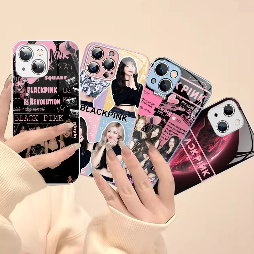 Kpop-B-Black Fashion P-Pinks Phone Case Tempered Glass For Iphone 14 13 12 11 Pro Mini XS MAX 14Plus X XS XR Cover