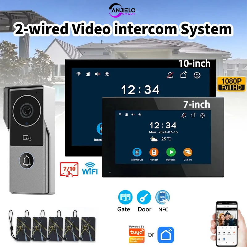 ANJIELO 1080P Phone Support IP Camera 2 Wire Video phone Doorbell Video Intercom System for Home Metal Door Tuya Smart