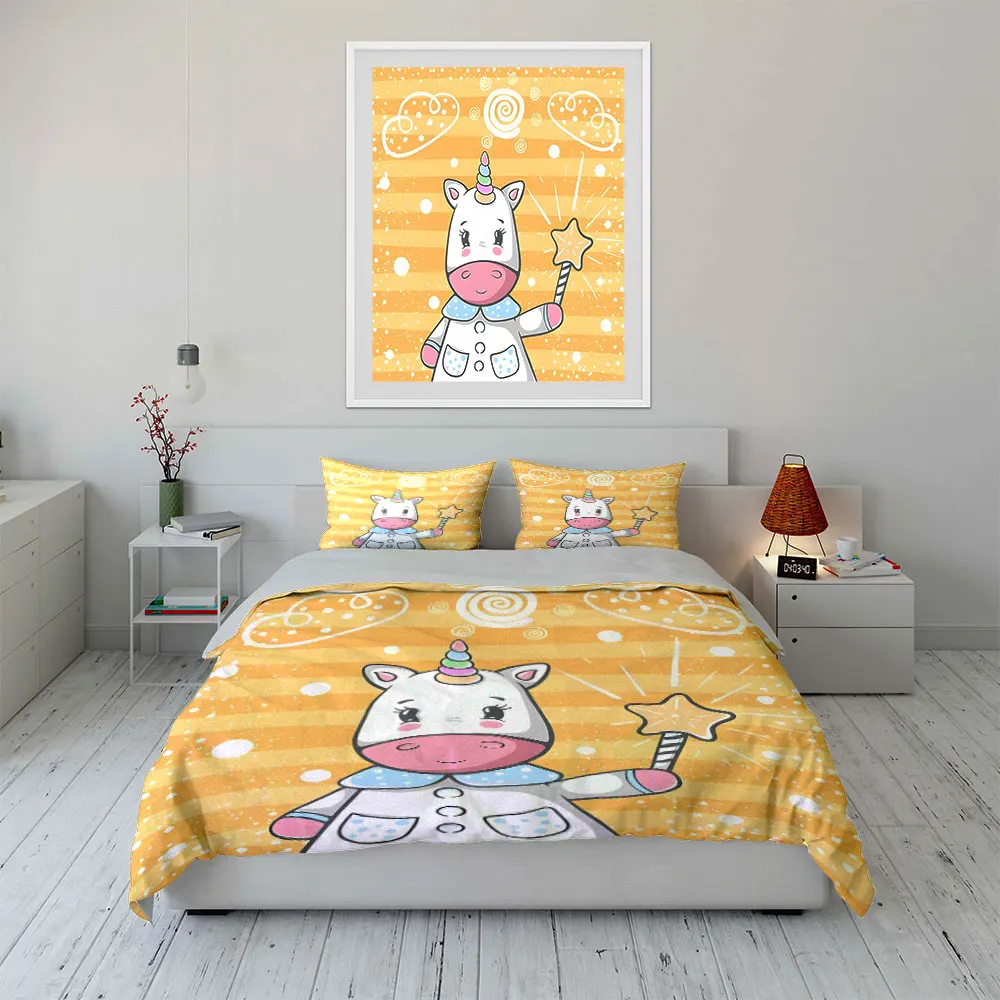 Cute unicorn with star wand cartoon Print Soft Comfortable Duvet Cover Bedding Set Included 1*Duvet Cover  2*Pillowcases
