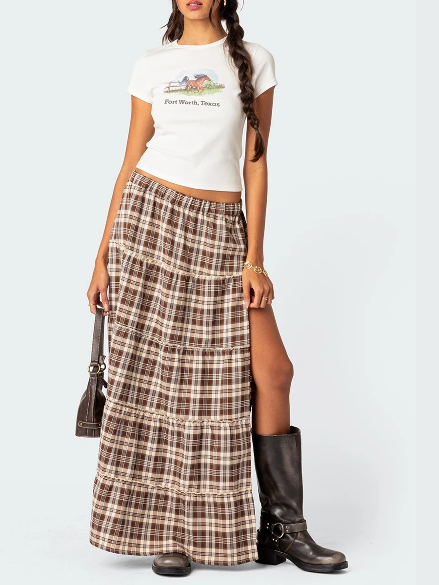 Y2k Vintage Plaid Long Skirts Chic Side High Split Elastic Waist Tiered Midi Skirts Harajuku 2000s Retro Skirts Fairy Grunge