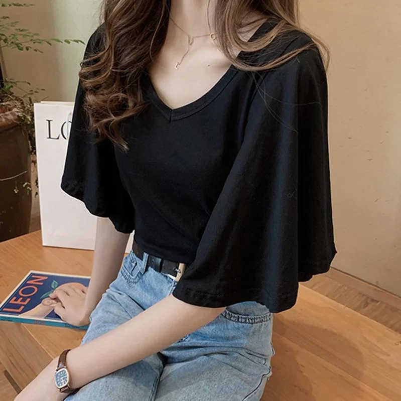 

plus Size 300 Pou Women's Korean Sle ort Sve T-irt Loose V-Ne Cover up Top Versatile Outerwear Spring Faion