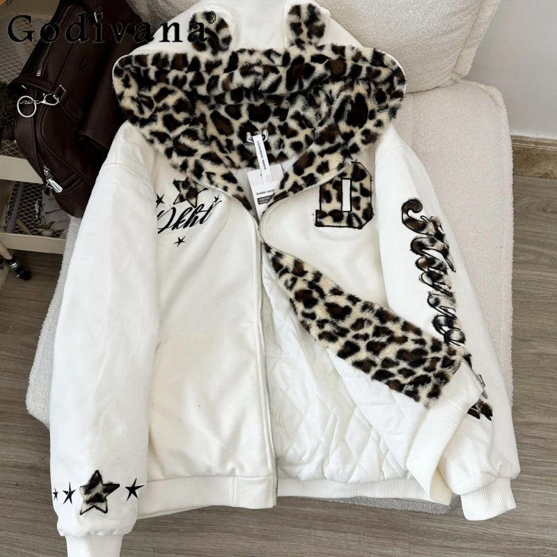 

Retro Leopard Print Cotton Parkas for Men and Women Winter Hooded Warm Loose Coat Female Japanese Thickened Cotton Jacket