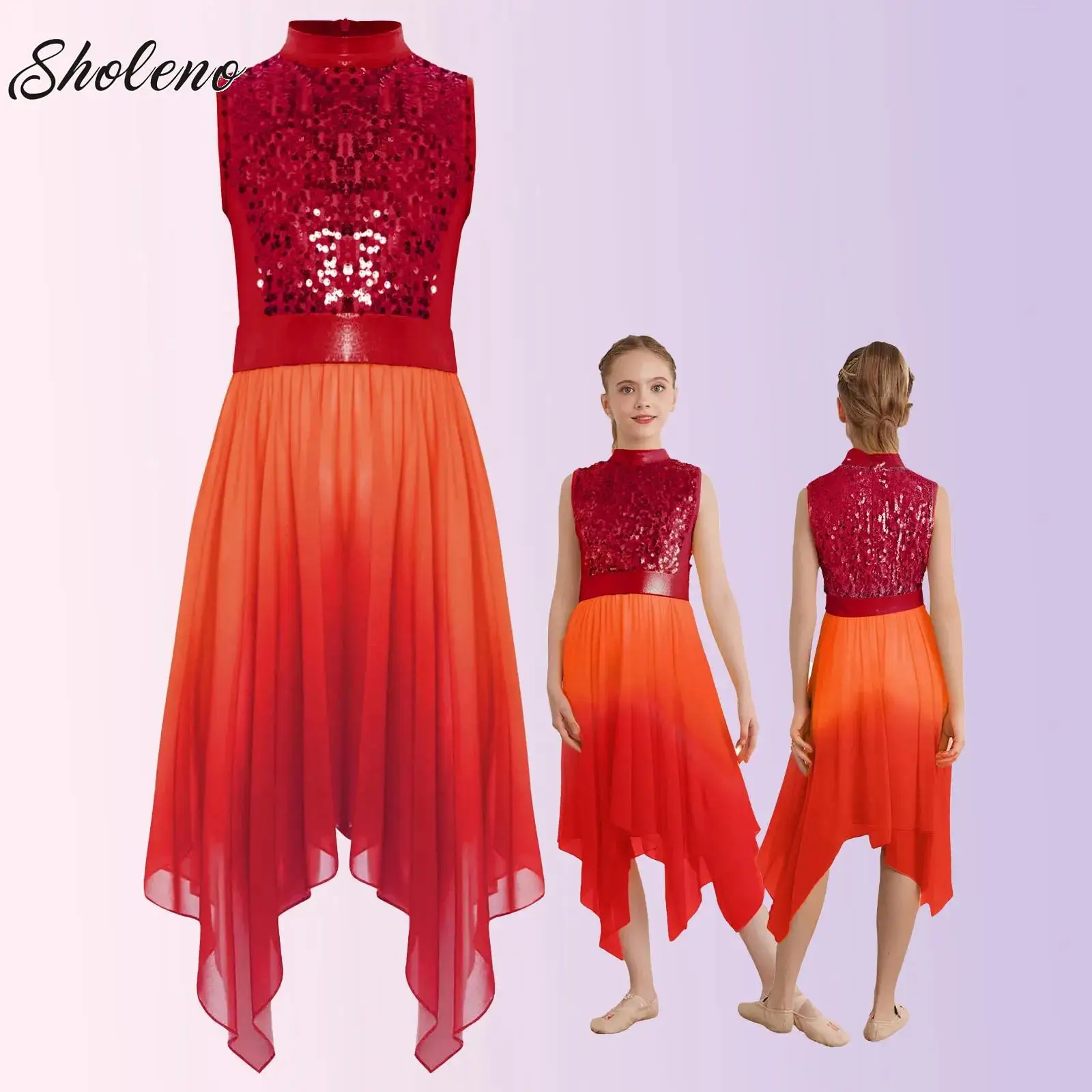 

Kids Girls Sequin Ballet Dress Sleeveless Asymmetrical Hem Leotard Dress Lyrical Latin Jazz Dance Competition Costumes Dancewear