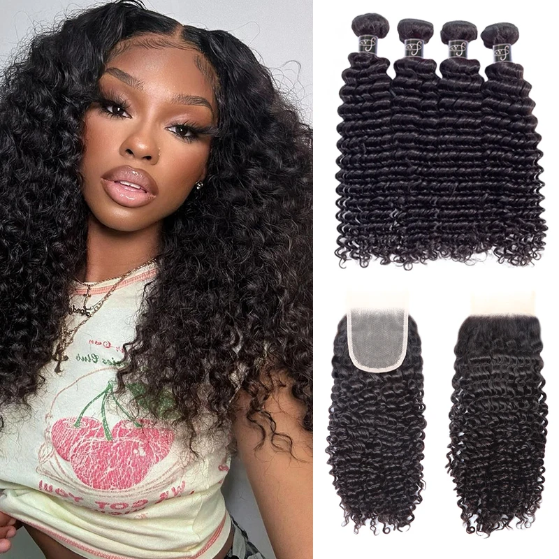 Deep Wave Human Hair Bundles With Transparent Swiss Lace Closure Hand Tied Brazilian Hair Extensions Double Weaving Bundles