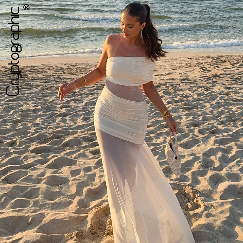 

Cryptographic Elegant Off Shoulder Ruched Mesh Dress Club Outfits for Women Sexy Backless Maxi Dresses Summer Robes Clothes