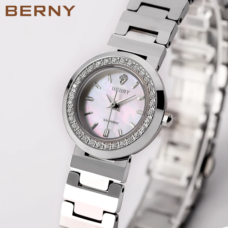 BERNY-Relógio quartzo de aço inoxidável feminino, relógios de pulso safira impermeáveis, Ladies Business Watch, luxo