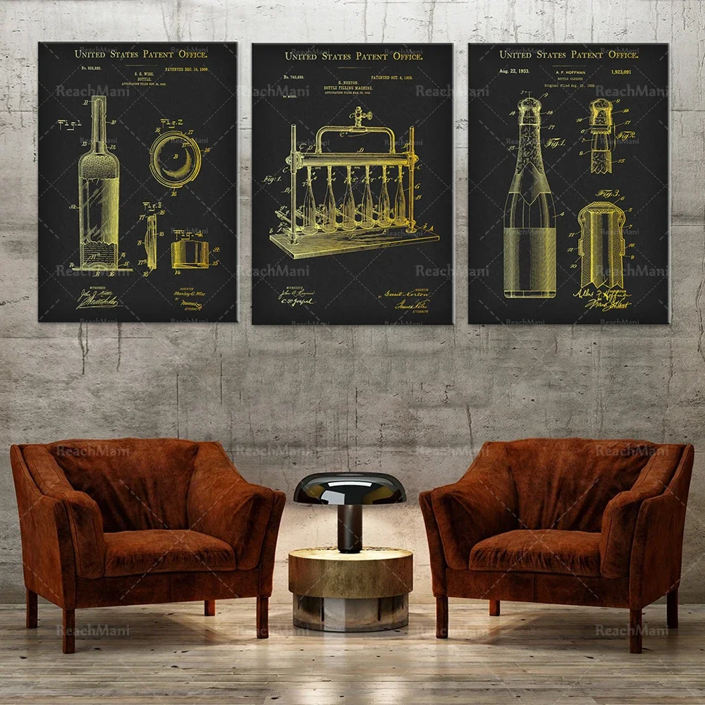 Gin bottle patent poster, artistic champagne bottle blueprint restaurant decoration, bar decoration sommelier housewarming gift,