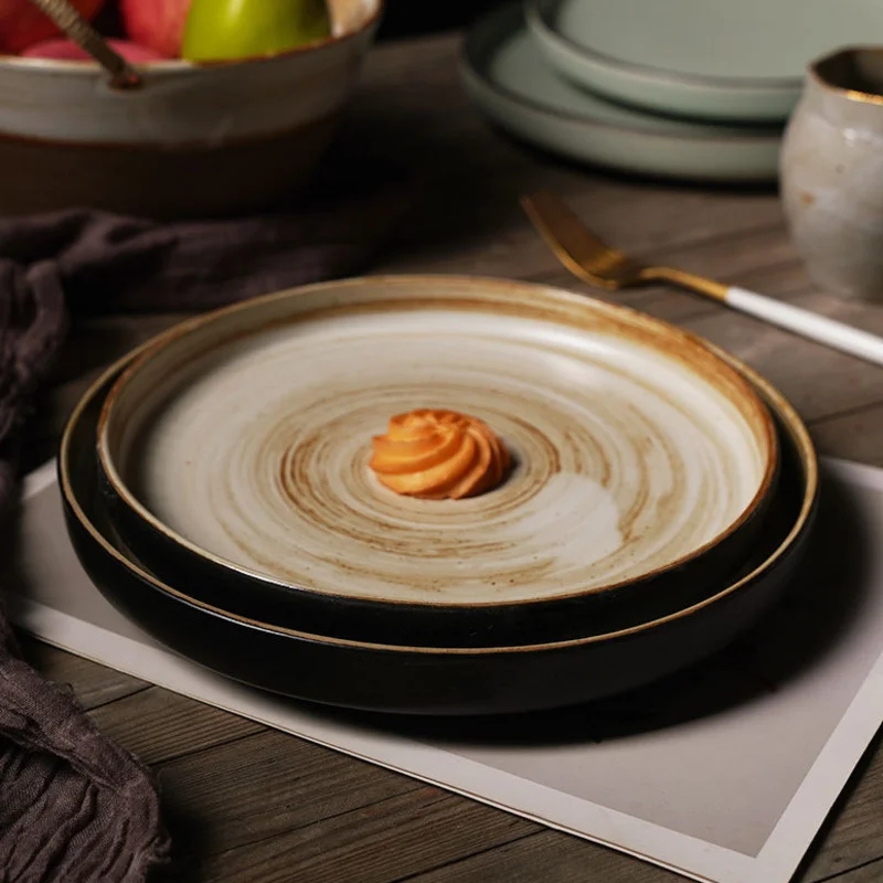 Japanese Ceramic Dinner Plates Steak Food Tray Tableware Thickened Straight Edge Flat Plate Salad Pasta Dish Kitchen Dinnerware
