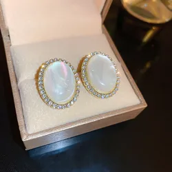 Vintage Big Oval Opal Earrings For Women Gold Color Korean Fashion Jewelry 2026 Trending Luxury Crystal Stud Earrings 2Z40