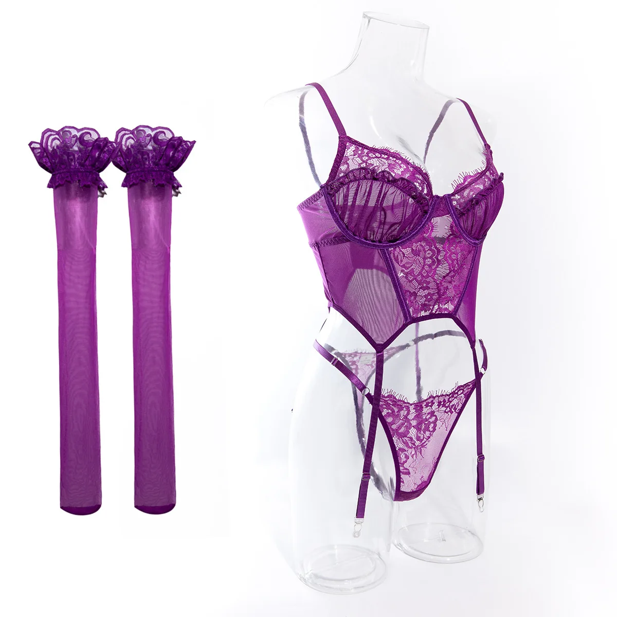 

Sexy Purple Bustier Erotic Lingerie Set Women Bra And Panty 3pcs See Throug Underwear Set Female Sexy Costumes with Stockings