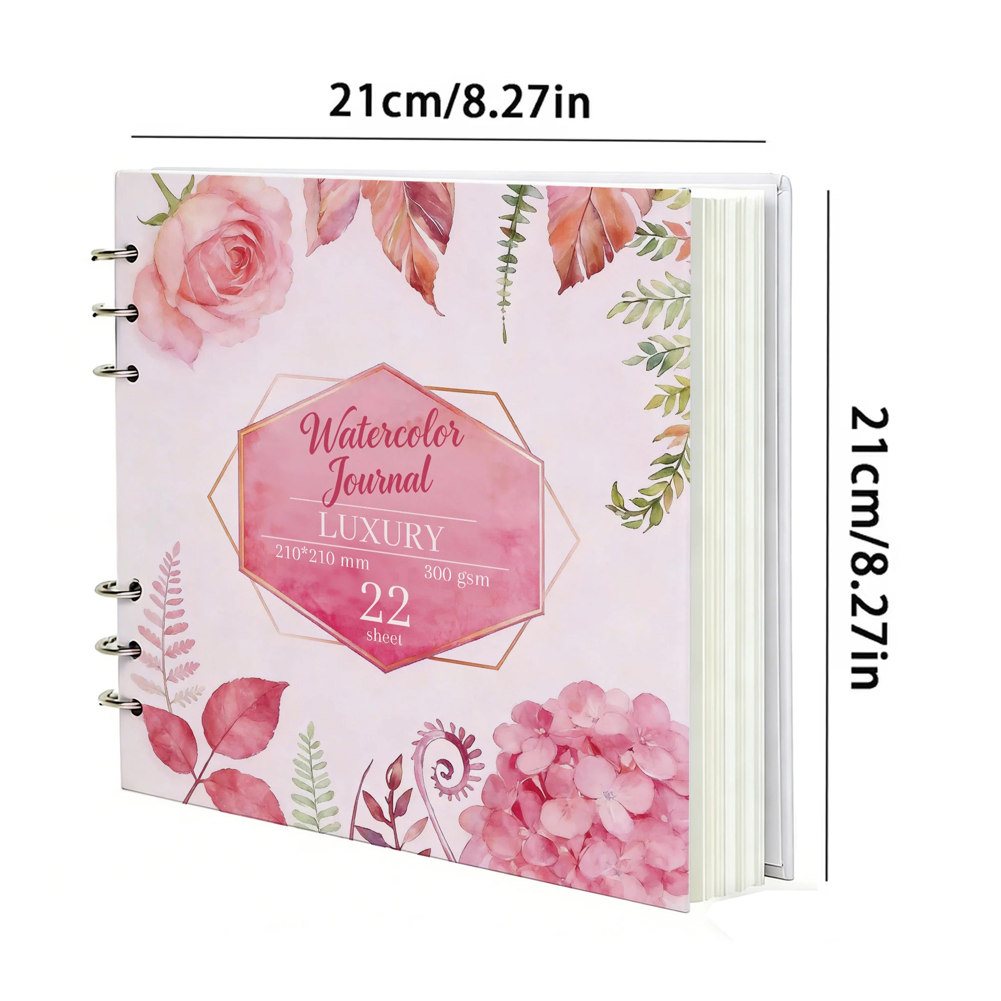 Watercolor Journal, 210x210 mm Square Sketchbook with Pink Floral Watercolor Cover, 22 Sheets 300GSM Heavy-Duty Rough Texture Wa