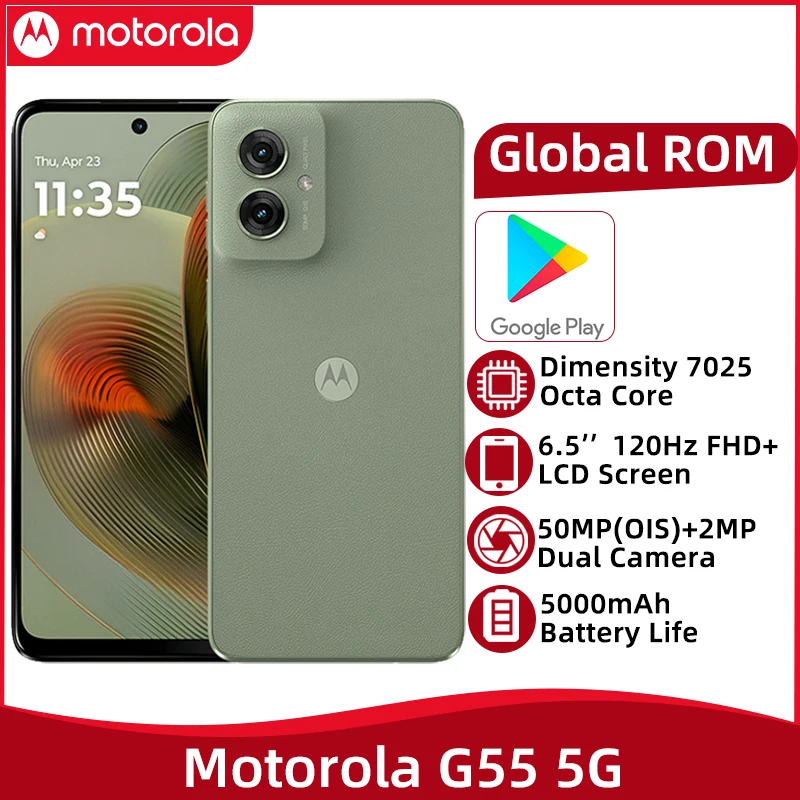 Lenovo Motorola Moto G55 5G Mobile Phone 8GB 128GB 6.5'' 120Hz LCD Screen 50MP OIS Camera 5000mAh Battery Dimensity 7025