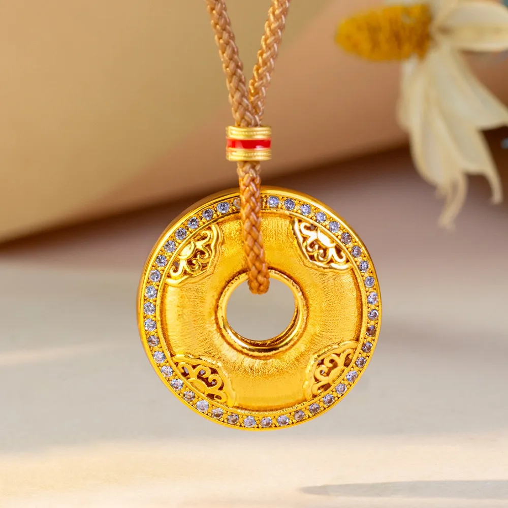 Draw silk point diamond Ruyi silk peace button pendant retro palace style necklace 9999gold