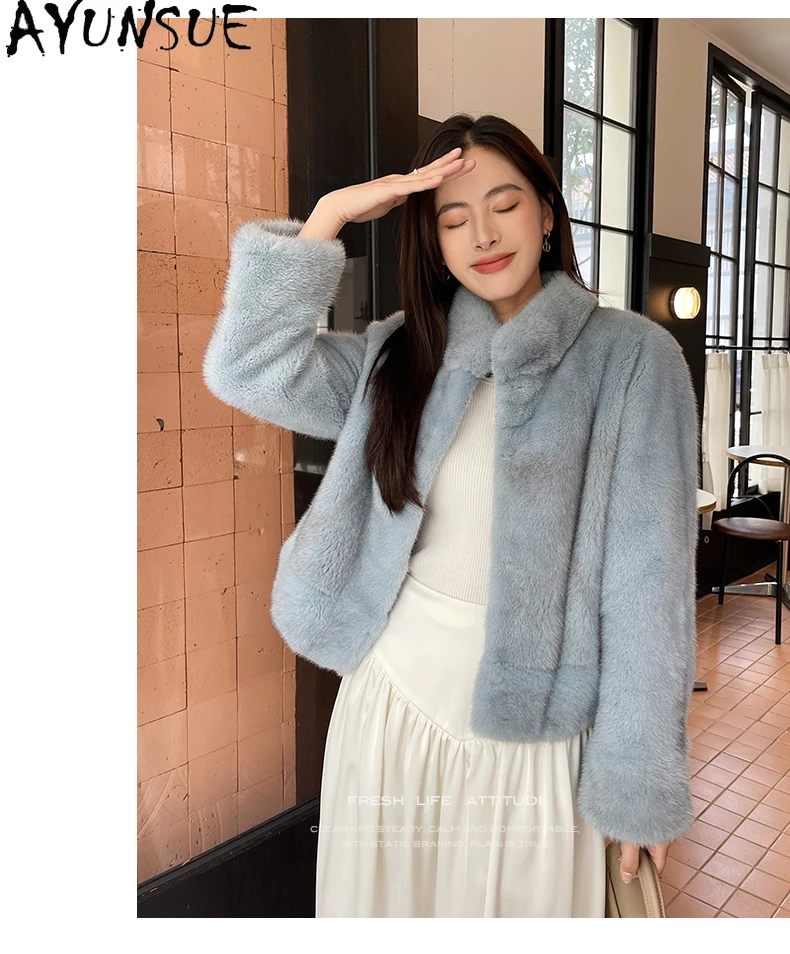 AYUNSUE 럭셔리 천연 밍크 퍼 코트 여성 의류 리얼 퍼 코트 여성 크로스 여성용 밍크 신상 겨울 재킷