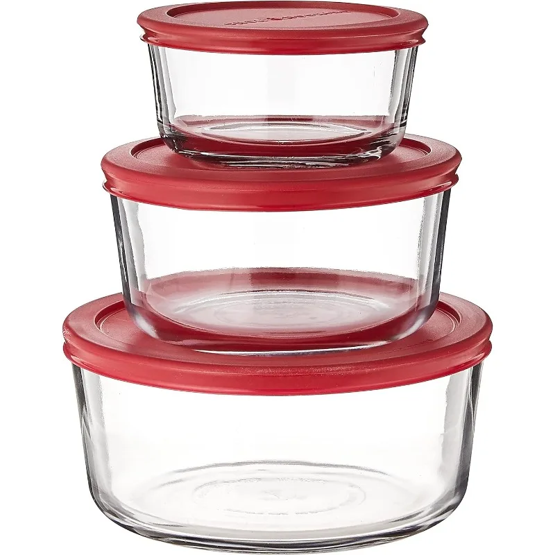 Classic Glass Food Storage Containers with Lids, Red, 6-Piece Set, Model Number: