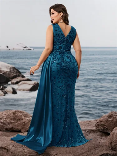 Imagen 2 del producto Vestido de Noche Elegante Talla Grande con Cuello en V, Lentejuelas Azules, Sin Mangas, Estilo Sirena, Formal, de Lujo, para Fiesta, Cóctel