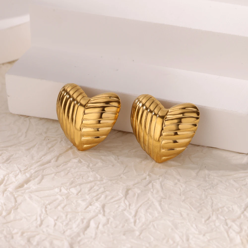 Heart Stud Earrings for Women Stainless Steel Gold Color Wedding Aesthetic Cute Irregular Texture Earring Jewelry Accessories image 2