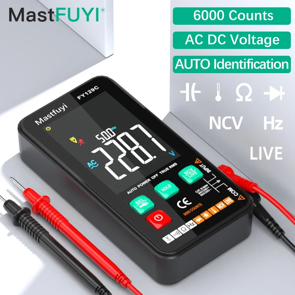 MASTFUYI Slimme digitale multimeter met beugel LCD-kleurenscherm AC/DC-spanningstester Ohm Diode NCV Frequentie Live Wire Check