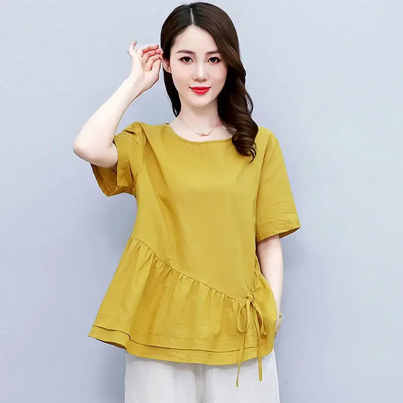 

Fashion O-Neck Shirring Lace Up Bow Asymmetrical Blouse Women's Clothing 2024 Summer New Oversized Casual Pullovers Shirt D114