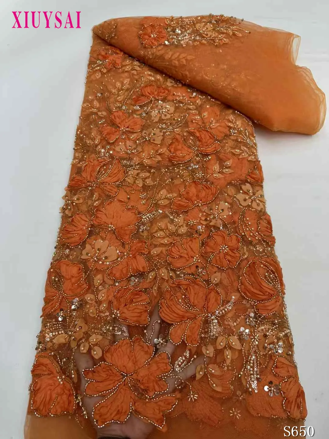 

Тяжелая кружевная ткань из бисера для вечернего платья, вышивка ручной работы, свадебные хрустальные блестки, роскошная французская кружевная ткань, 2023 г.