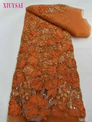 Heavy Beaded Lace Fabric for Evening Dress, Handmade Embroidery, Bridal Crystal Sequins, Luxury French Lace Fabric, 2023
