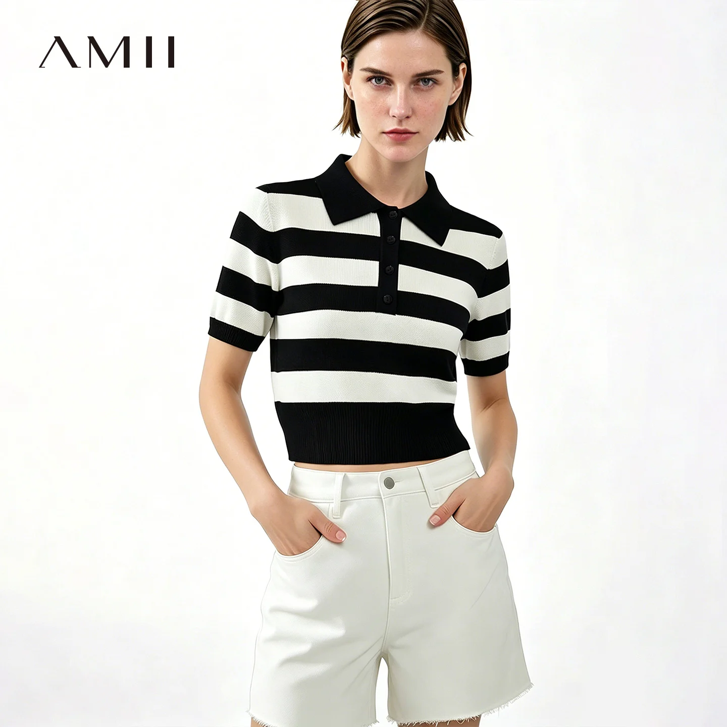 

Amii Stripe Women's Knit Top 2026 Summer New Polo Neck Short Sleeve Sweater Slim Fit Casual Cropped Pullover For Women 12622209