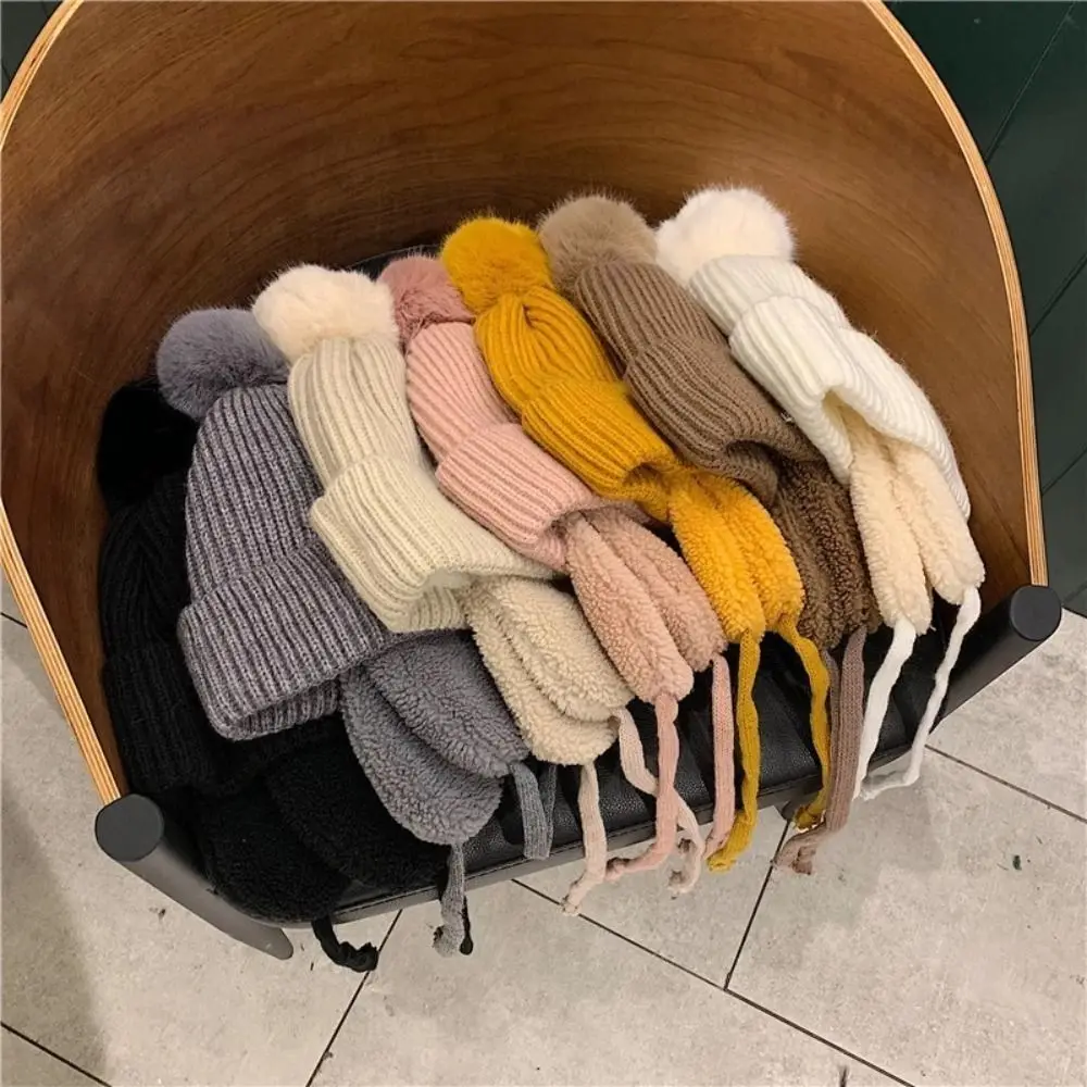 

All-match Children Knitted Hat Cartoon Warm Pompom Beanie with Earflap Ear Protection Cute Wool Cap Baby