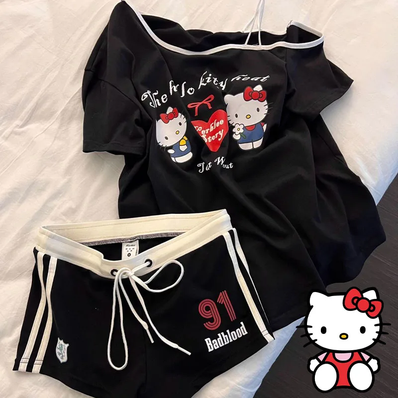 

Милая пижама Hello Kitty с милым принтом, футболка с открытыми плечами, летняя женская футболка с короткими рукавами, короткая двухсекционная кавайная домашняя одежда для девочек
