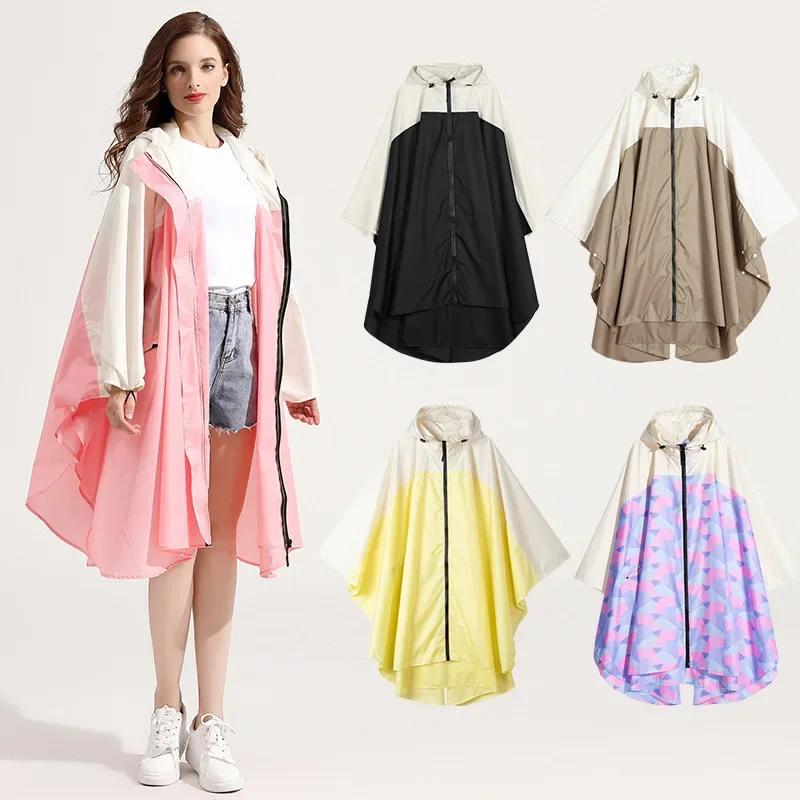 1pc EVA Raincoat Women with Hat Zipper Slicker Poncho Rainwear Stylish Long Style Waterproof Environmental Rain Jacket