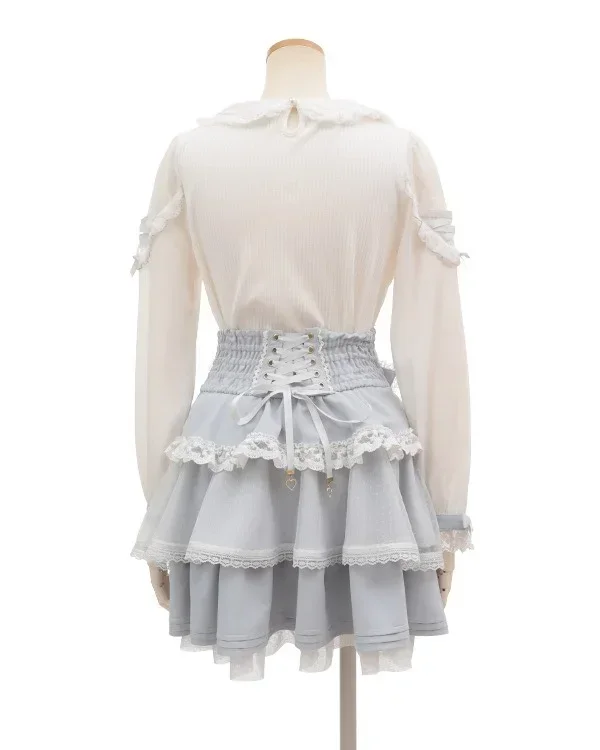 Japanese Liz Mine Mass-Produced Lace Splicing Knitwear T-shirt Embroidered Bow Color Ribbon Long Sleeve Blouse Top Lolita Shirts