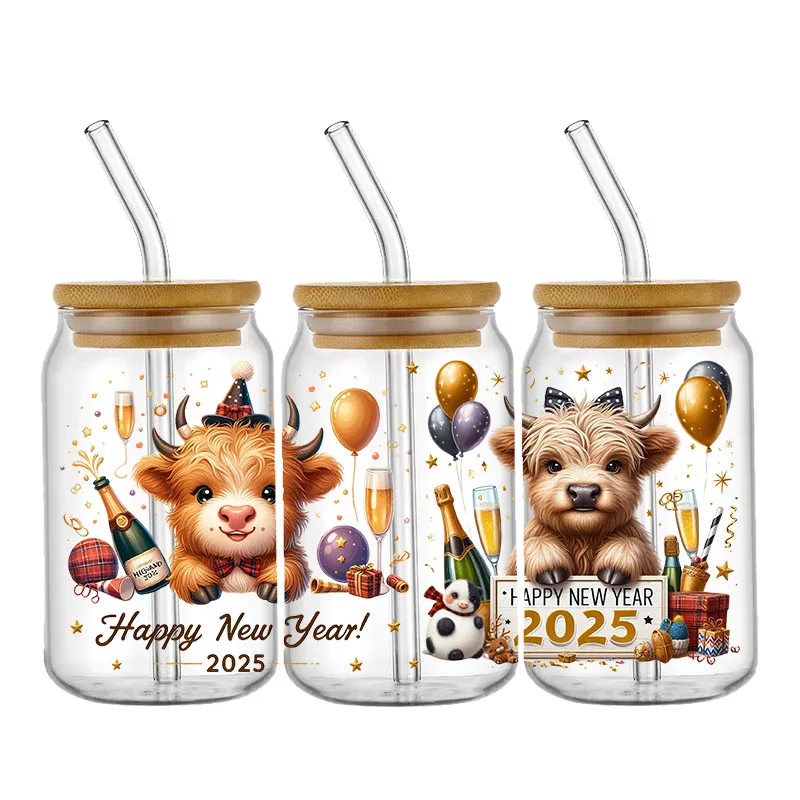 3D Cartoon 2025 New Year UV DTF Cup Wraps Transfer Sticker For 16oz Glass Tumbler Can Bottle Self-adhesive Washable Custom