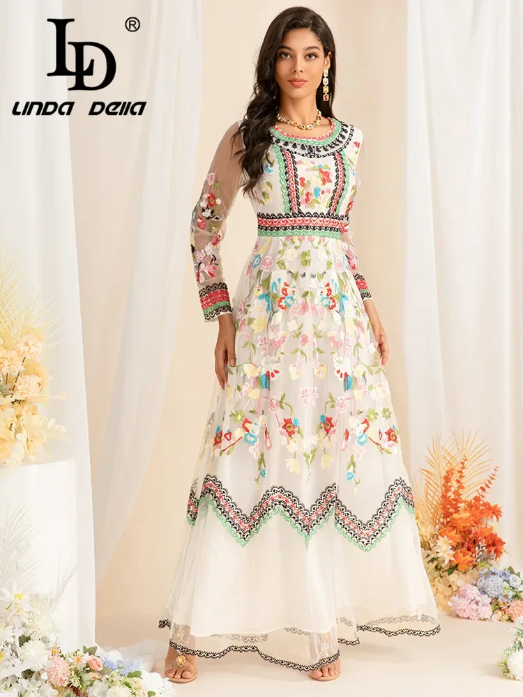 LD LINDA DELLA High Quality New Chic Minority Style Small Floral Embroidery Travel Loose Fit Colorful Ladies'  Long Dressdress