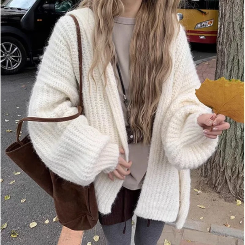 

Women Knitted Hooded Cardigan Sweater Solid Jumper Casual Lantern Sleeve Polo Collar Loose Slight Strech Open Stitch 2025 Autumn