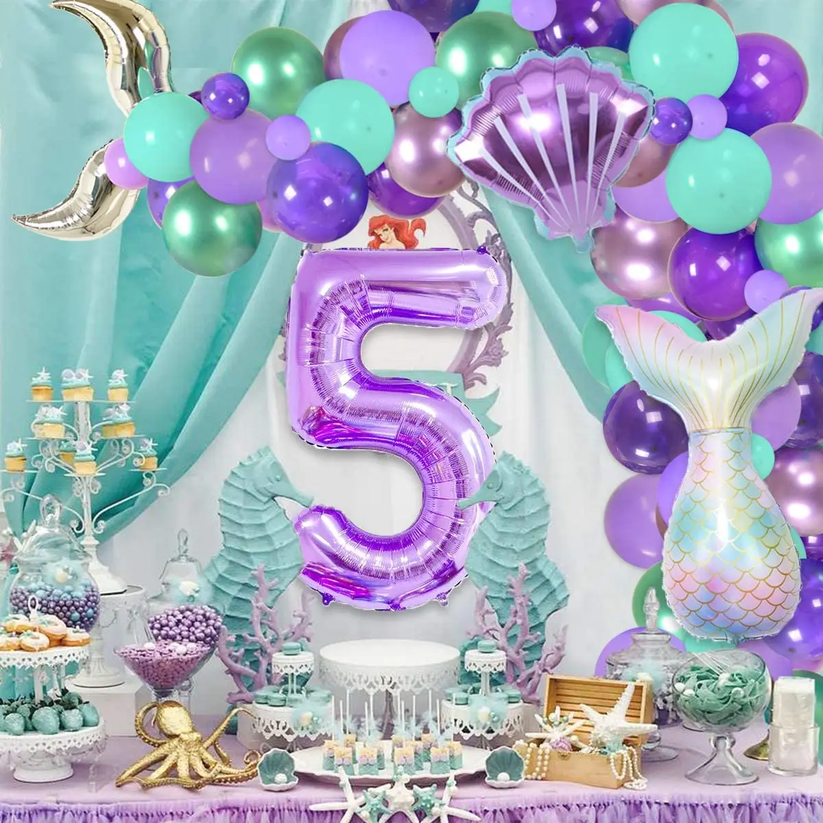 

JOYMEMO Mermaid 5th Birthday Party Decorations Girl Mermaid Balloon Garland Arch Kit Number 5 Shell Mermaid Tail Foil Balloons