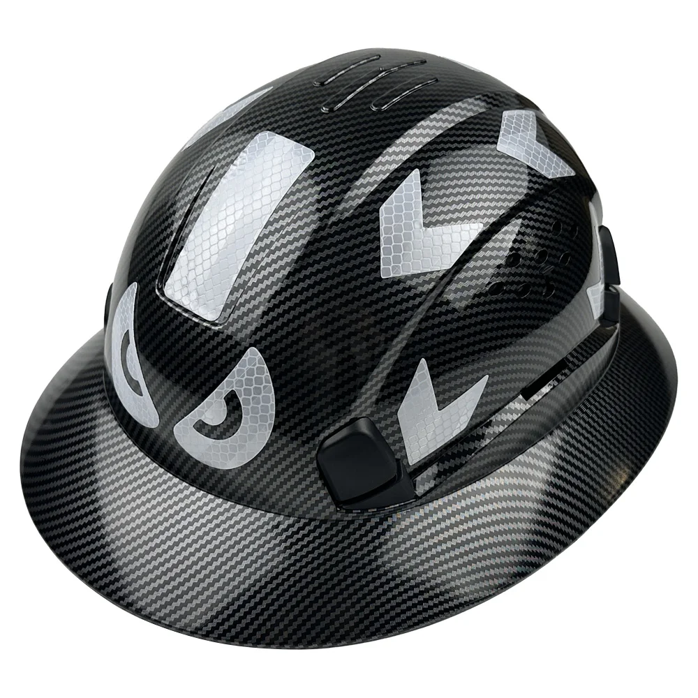 Carbon Fiber Full Brim Hard Hat With Reflective Stickers HDPE Lightweight Vented Safety Helmet Engineering Construction Work Cap