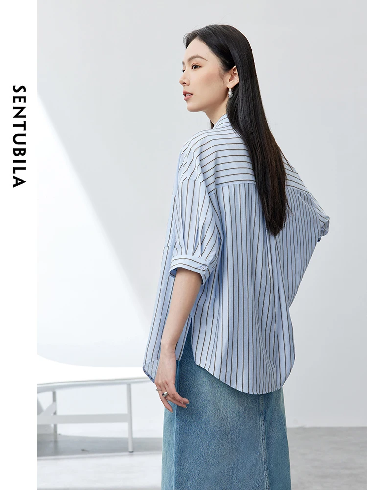 SENTUBILA Summer Thin Striped Shirt 2025 Polo Collar Button Up Loose Split Short Sleeve Blouse Womens Tops Clothing 142C53919