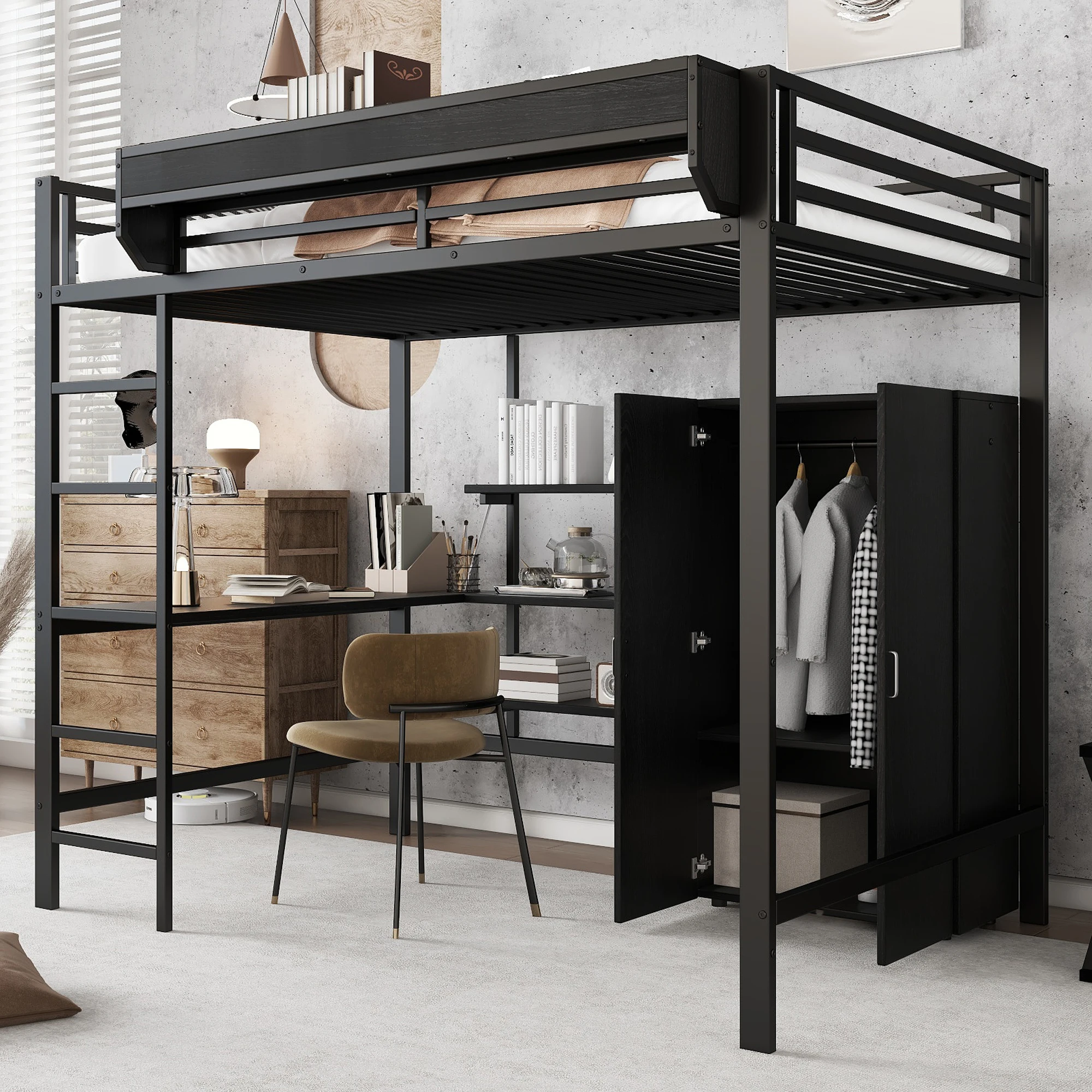 PINGGO Eisen-Hochbett mit Schreibtisch, Doppelstauraum, Kleiderschrank, Eisen-MDF, Schwarz, 140x200cm, ohne Matratze – Detail 1