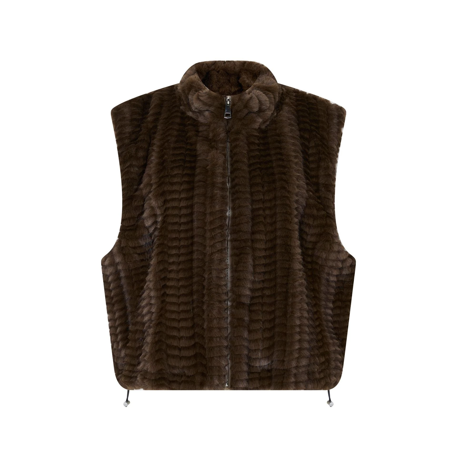 2026 Women Faux Fur Vest Stand Collar Zip Up Sleeveless Waistcoat Drawstring Hem Warm Winter Fur Gilet
